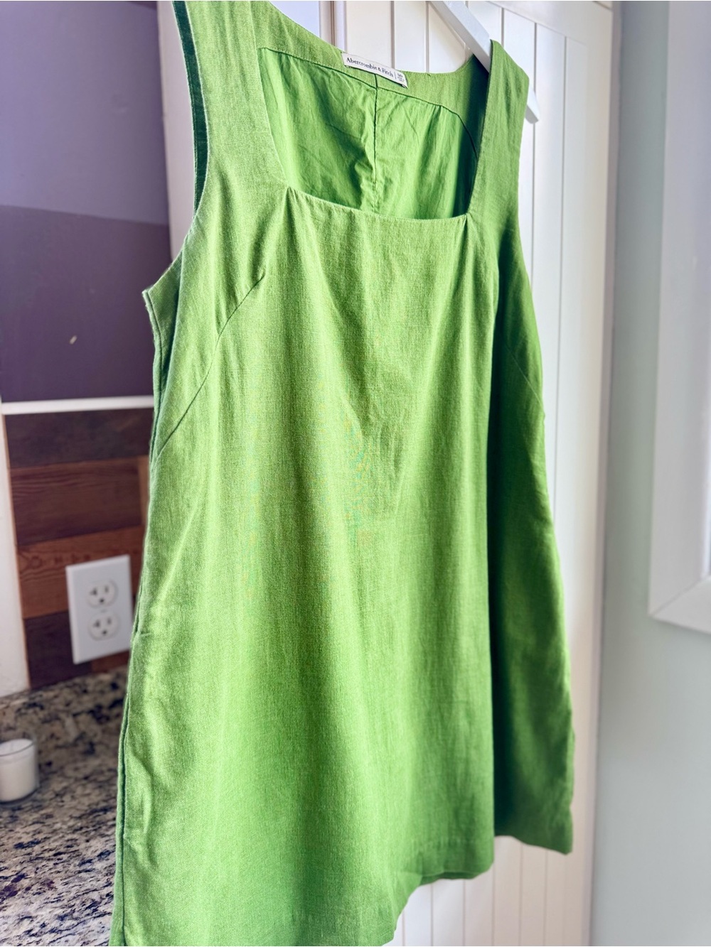 Abercrombie & Fitch Square Neck Shift Mini Dress Linen Look Green Medium Petite - Picture 3 of 10